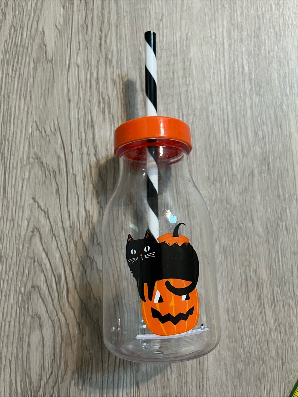 Halloween Plastic Beverage Bottle with Orange Lid and Black Cat Design